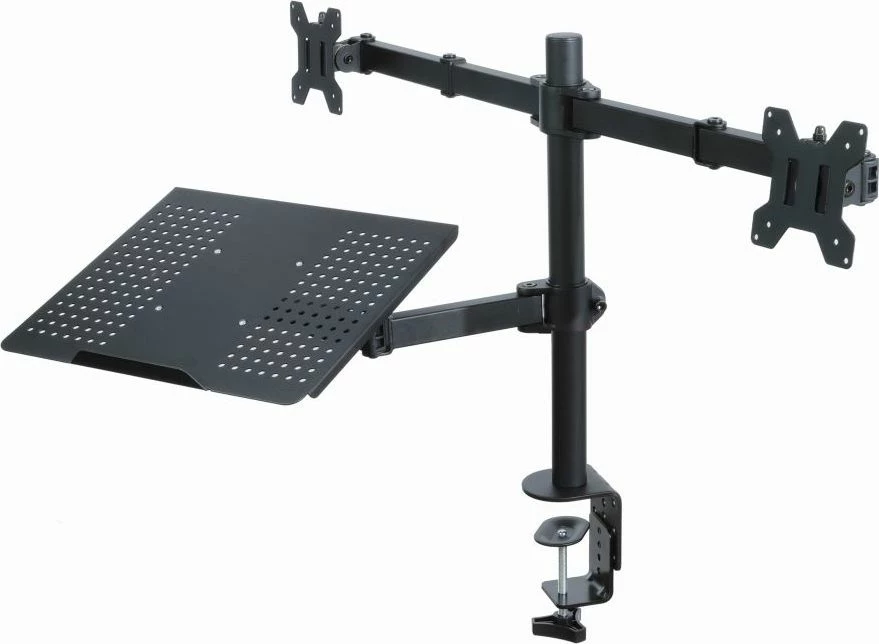 Mbajtës tavoline për 2 monitorë Art RAMM L-25 13–27\", VESA 100x100, max 10 kg, me raf për laptop, i zi