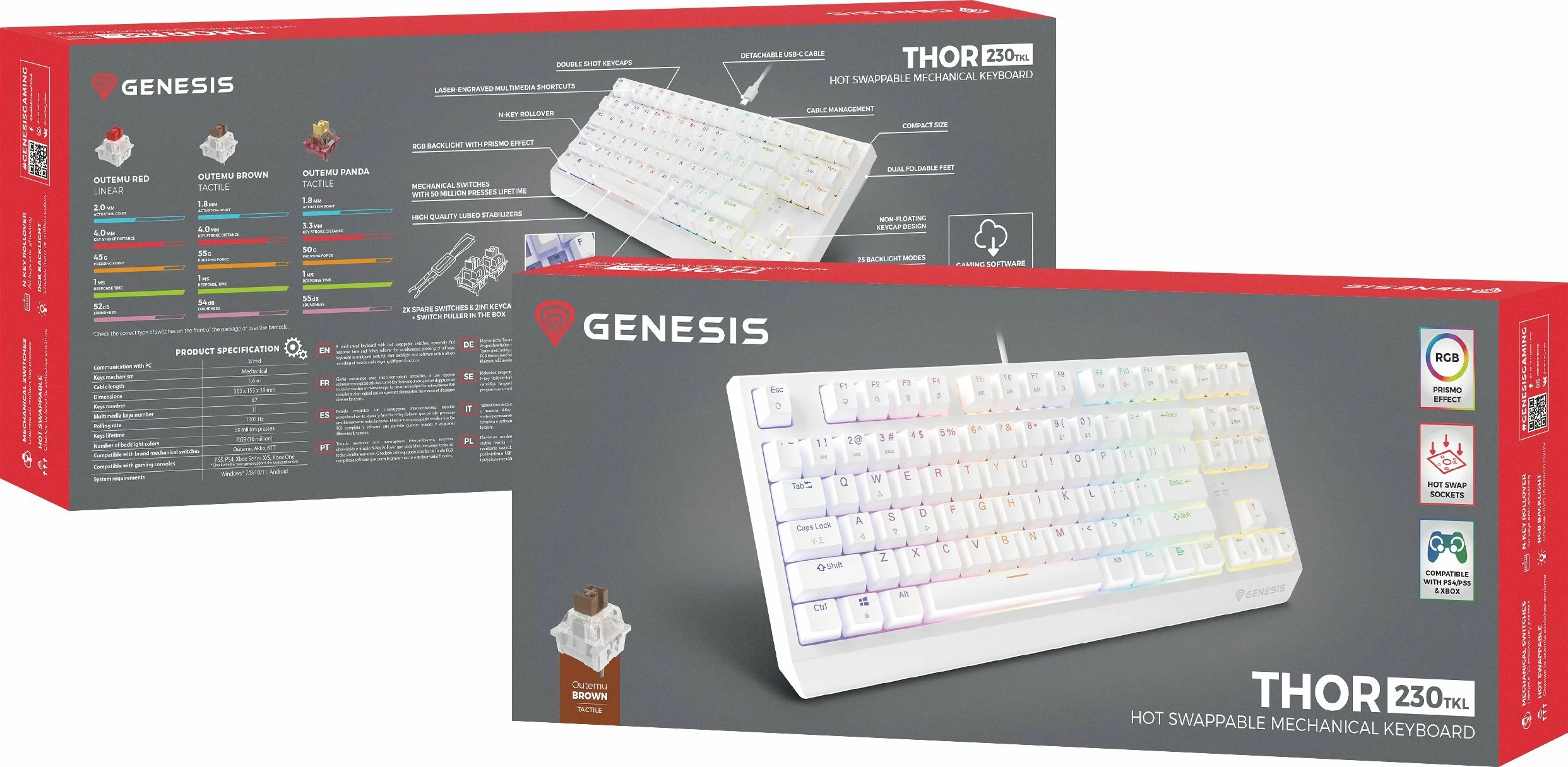 Tastierë gaming Genesis Thor 230 TKL NKG-2080 mekanike Outemu Brown RGB, e bardhë