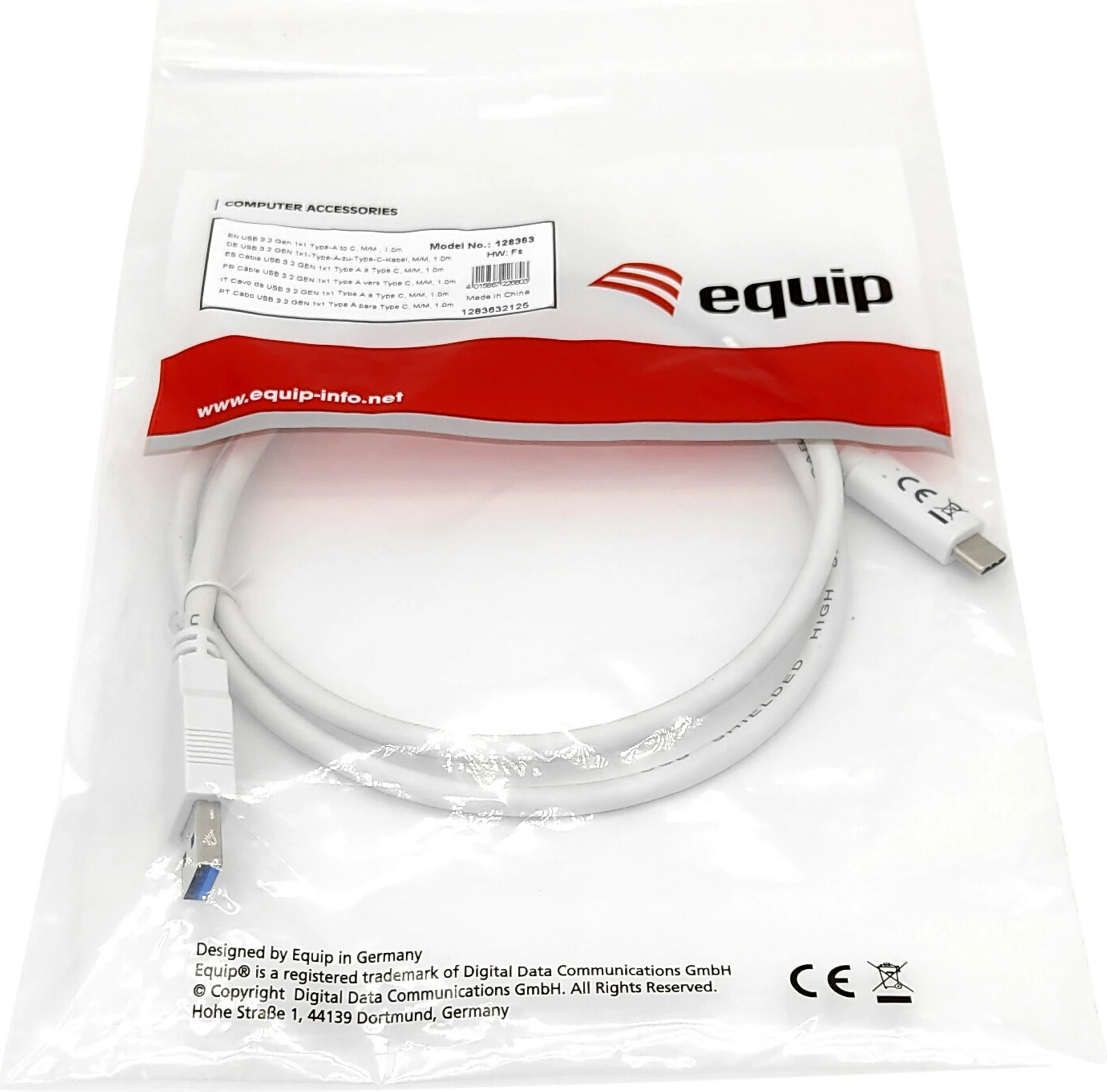 Kabëll USB Equip USB 3.2 Gen 1 Type-C në A, 1m, i bardhë