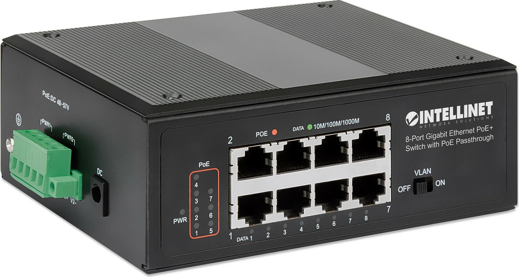 Switch industrial Intellinet 8-Port Gigabit PoE+ me PoE Passthrough, DIN-Rail, i zi