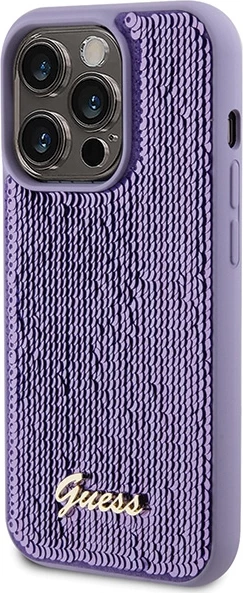 Mbështjellës Guess Sequin Script Metal për iPhone 15 Pro, vjollcë