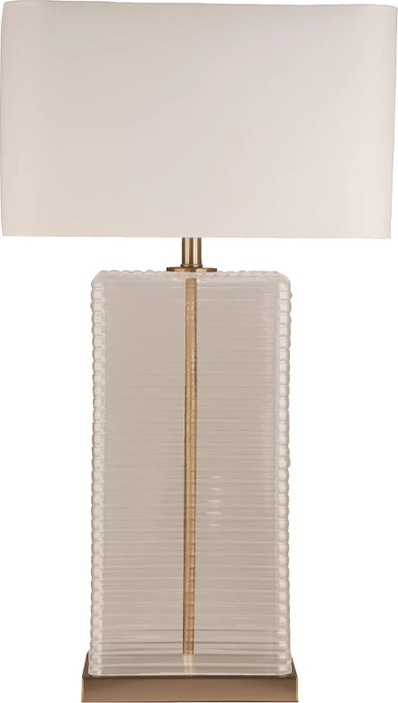 Llambë tavoline Eleven, xham transparent, detaje ari, abazhur i bardhë, 47x25x83cm