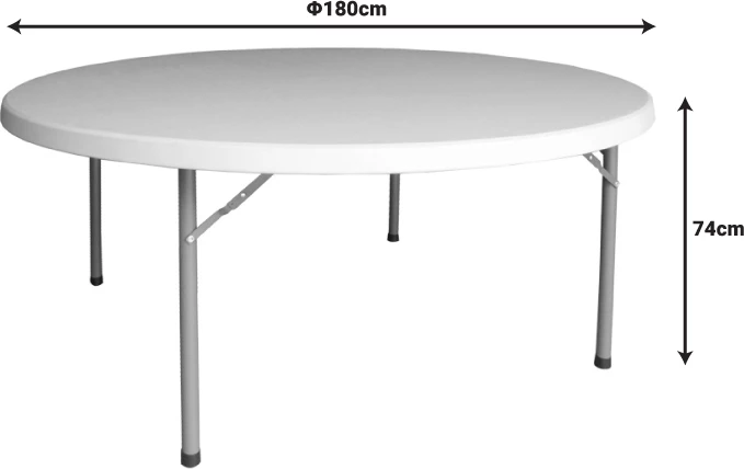 Tavolinë palosëse komode për katering, formë valixhe, e bardhë, rrethore, 180x74cm