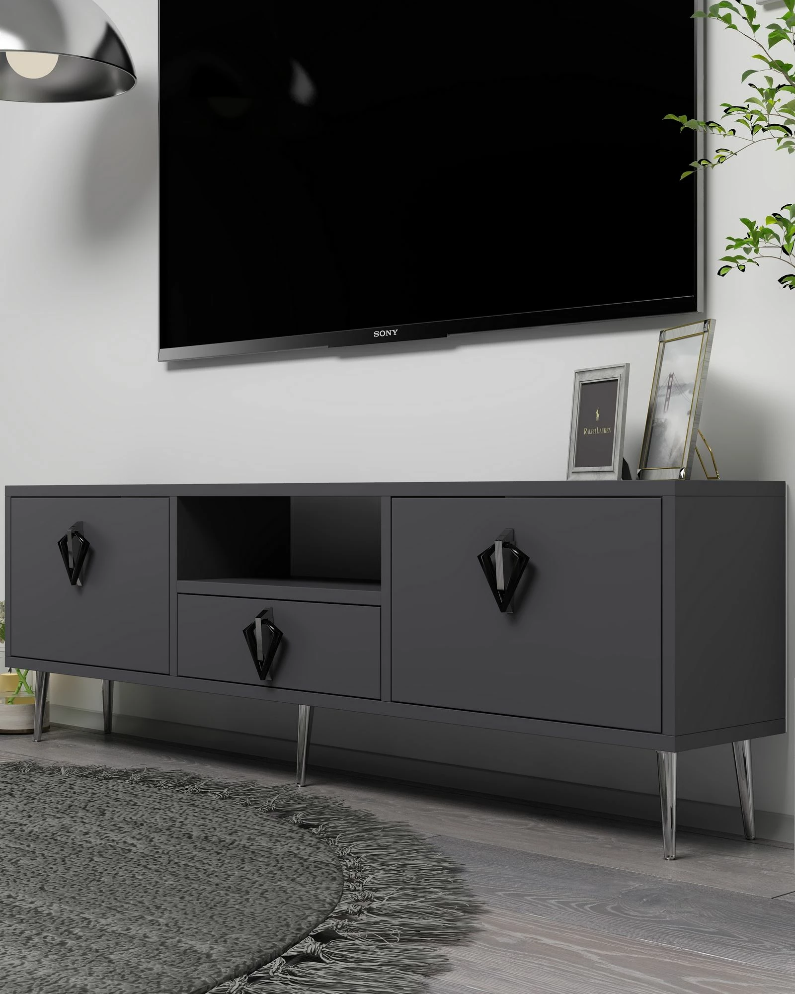 Komodë televizori Skye Decor, 1312-DROP-32, antracit, e zezë, argjend