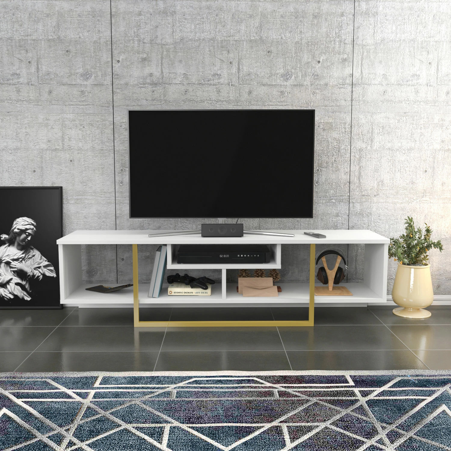 Komodë TV Hanah Home, Asal 150, e bardhë, ari