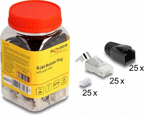 Konektor RJ45 DeLOCK 66903, Cat6A/Cat7, set 25 copë, S/FTP, me strain relief, zezë/metalike
