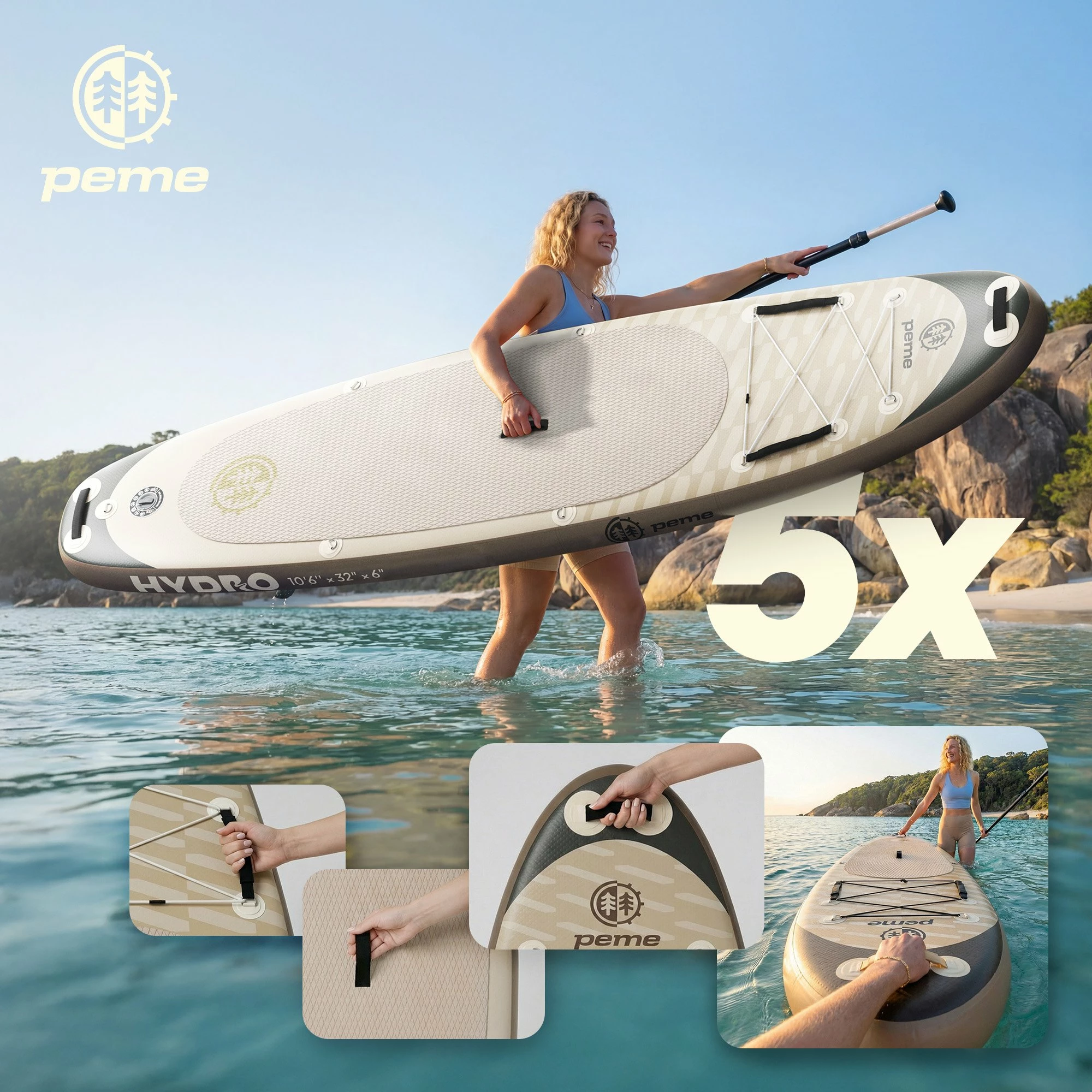 Dërrasë SUP me fryrje Peme Hydro 350 350x81x15 cm, Allround, deri 166 kg, set me lopatë/pompë/çantë, bezhë