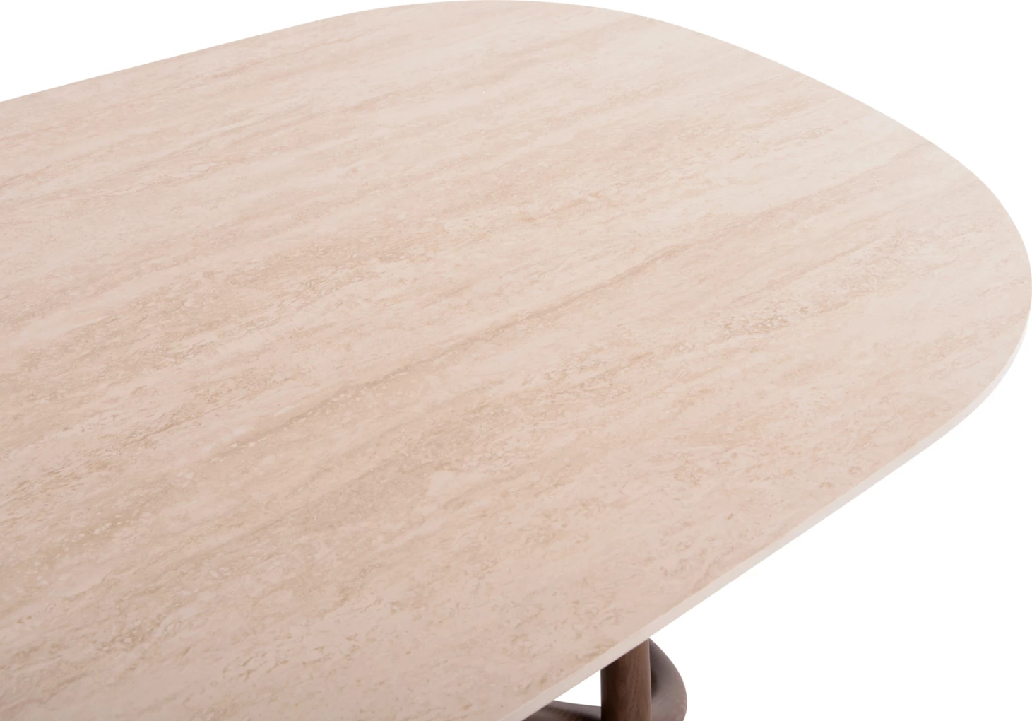 Tavolinë ngrënieje Orbiter, sipërfaqe qeramike krem travertin, këmbë dru frashëri ngjyrë arre