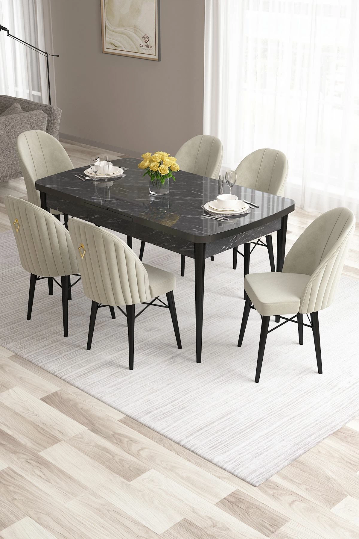 Tavolinë me karrige, zgjatshme, 7 copë, Skye Decor, mermer i zi, krem