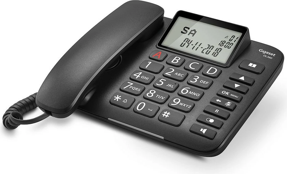 Telefon fiks analog Gigaset DL380, butona të mëdhenj, speakerphone, ekran LCD, i zi