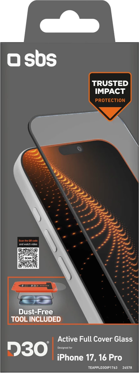 Xham mbrojtës SBS me teknologji D3O për iPhone 17 / iPhone 16 Pro, set me aplikator, transparent