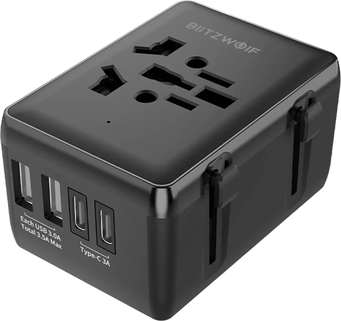Adapter udhëtimi BlitzWolf BW-TA1, 4-në-1, 2xUSB + USB-C + PD 20W, i zi