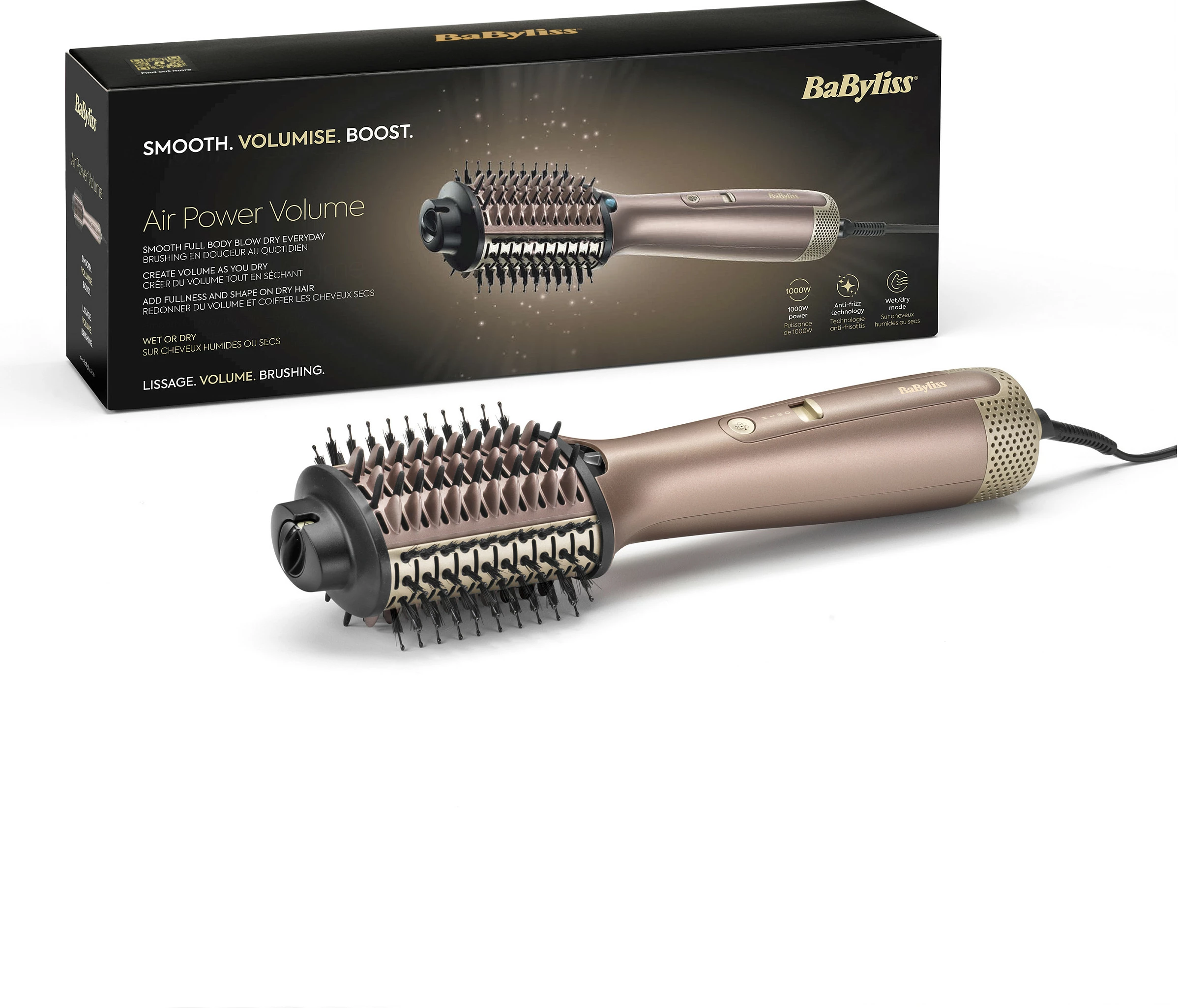 Furçë me ajër të nxehtë BaByliss Air Volume, 2 shpejtësi, 2 nivele nxehtësie, auto-off 60 min, rozë e artë