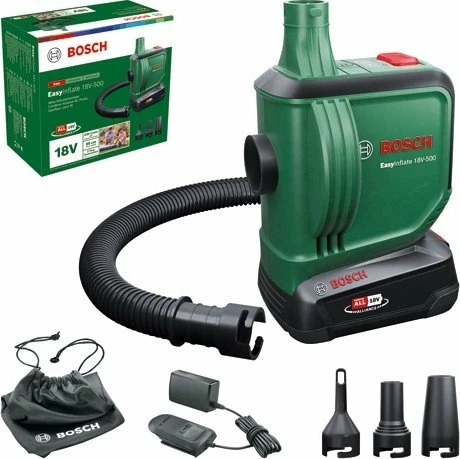 Pompë ajri pa kabllo Bosch EasyInflate 18V-500 18V, 530 l/min, pa bateri & karikues, me zorrë 50 cm dhe 3 gryka, jeshile