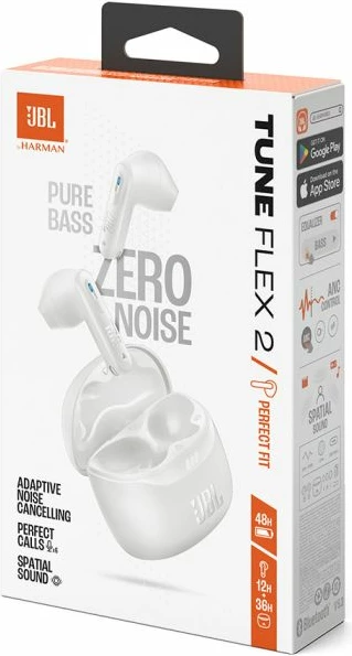 Kufje wireless JBL Tune Flex 2 (JBLTFLEX2WHT), ANC, Spatial Sound, me mikrofon, me kuti karikimi, të bardha