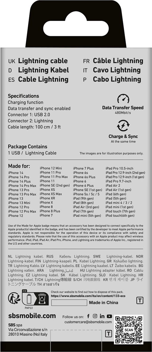 Kabllo USB-A në Lightning SBS TECABLEUSBIP589W, 1m, e bardhë