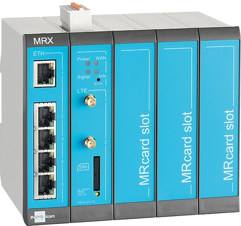 Ruter 4G LTE INSYS icom MRX5, 5x Fast Ethernet, Ethernet WAN, slot SIM, SMA, blu/gri