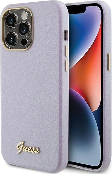 Mbështjellës Guess Glitter Glossy Script për iPhone 15 Pro, vjollcë