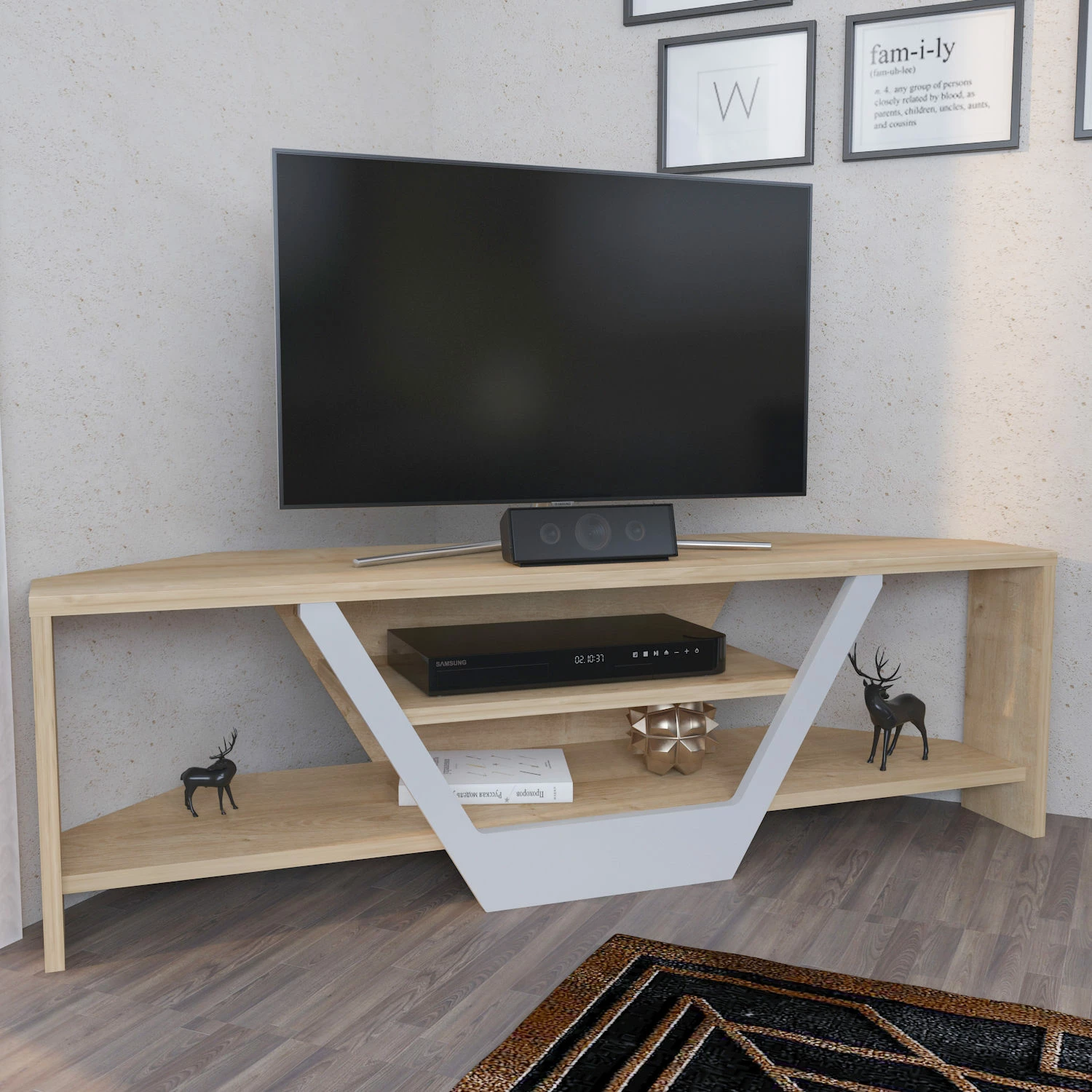 Komodë TV Hanah Home, Sares, ngjyrë lis dhe e bardhë