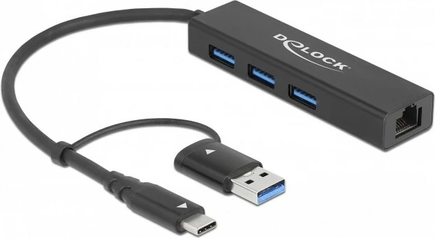 USB hub DeLOCK 3 porta + LAN Gigabit, USB 3.2 Gen 1, Type-A/Type-C, i zi