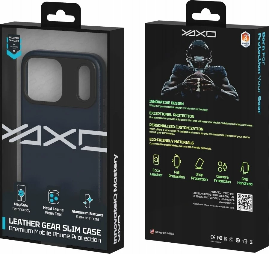 Mbështjellës Yaxo Leather Gear Slim MagSafe për iPhone 17 Pro Max, lëkurë ekologjike, Dusky Blue