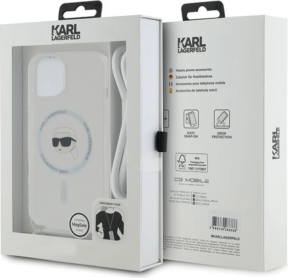 Mbështjellës Karl Lagerfeld Crossbody IML Karl Head MagSafe për iPhone 15/14/13, Transparent