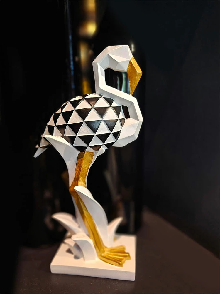 Dekor flamingo LUCIEN, polirezine, bardhë, zi, ari, 19x11x37cm