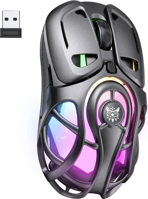 Maus gaming ONIKUMA DM02 12800 DPI RGB 3 mënyra lidhjeje, gri, set me receiver 2.4GHz dhe kabllo USB-A në USB-C