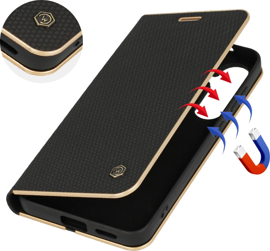 Mbështjellës flip HAVANA Premium 23611 për Samsung Galaxy S25 5G, me stand, magnet të fshehtë, xhep karte, Carbon Black me skaj Gold