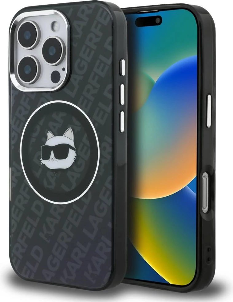 Mbështjellës Karl Lagerfeld IML Choupette Head Logo MagSafe për iPhone 16 Pro Max, zi