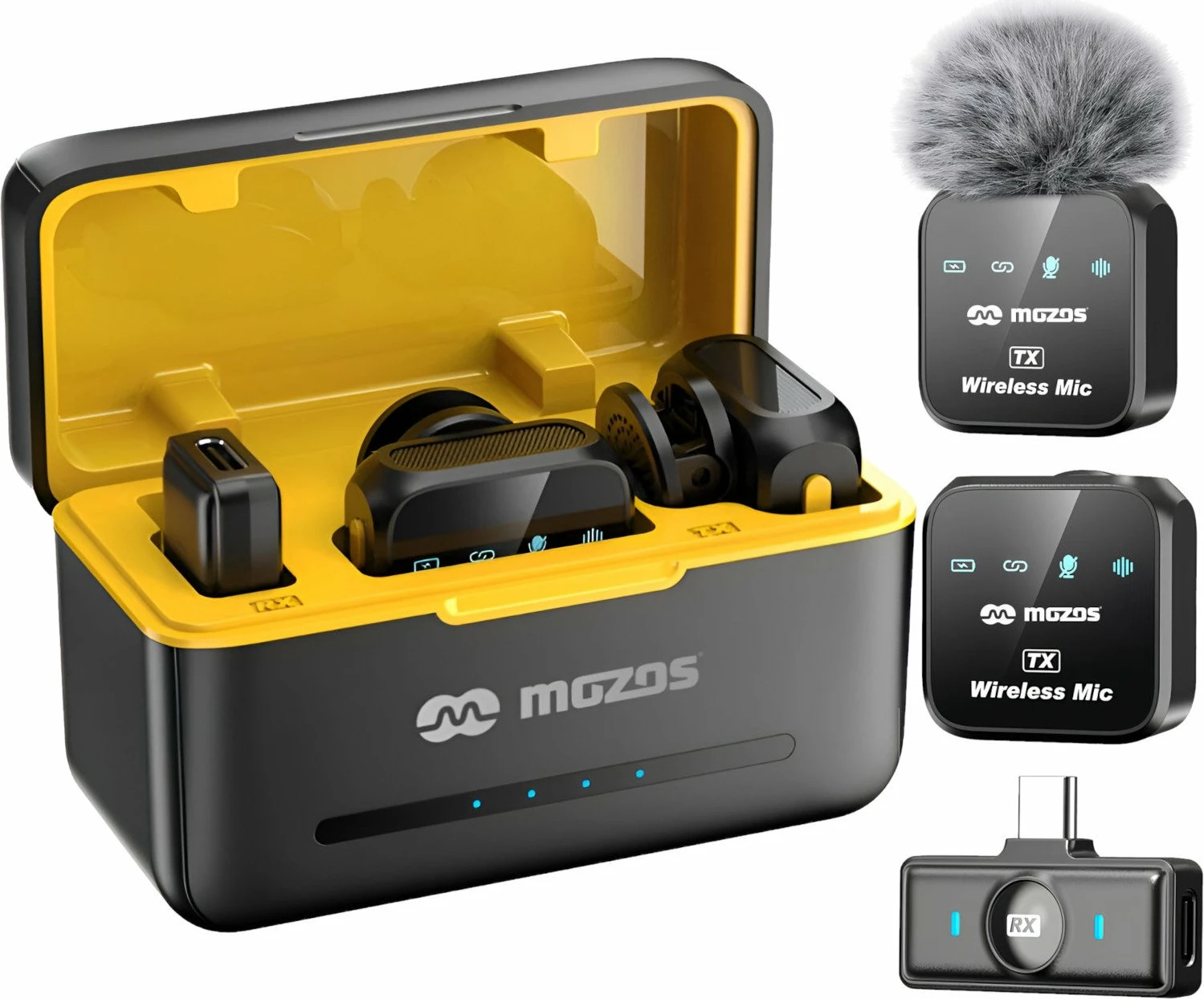 Mikrofon wireless Mozos MX3-DUAL, set dual me receiver USB-C, kuti karikimi, i zi