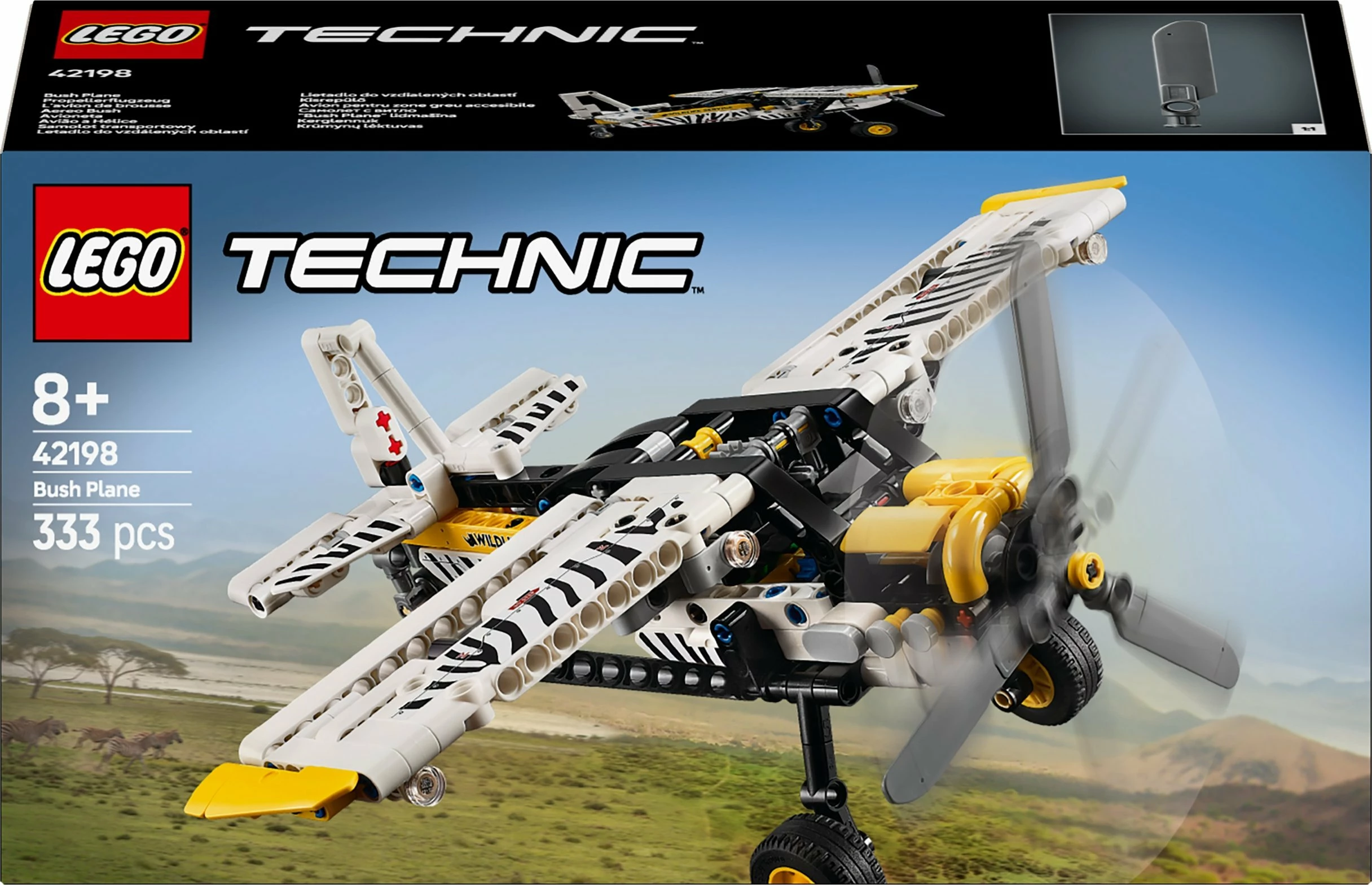 Set LEGO Technic Transport Aircraft 42198 (Bush Plane), 333 copë, bardhë/zi me vija zebra