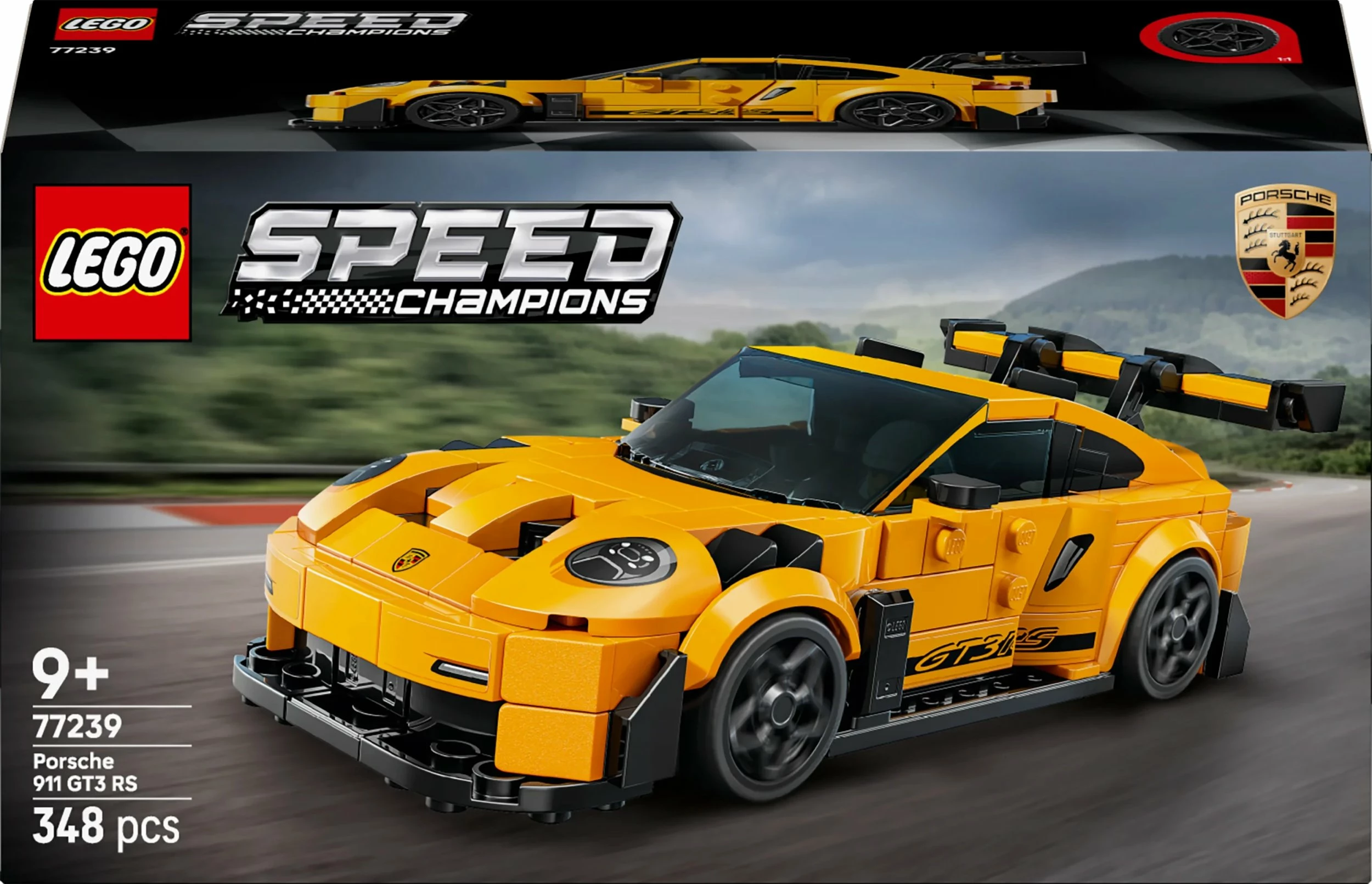 Set ndërtimi LEGO Speed Champions Porsche 911 GT3 RS 77239, 348 copë, e verdhë, me minifigurë shoferi