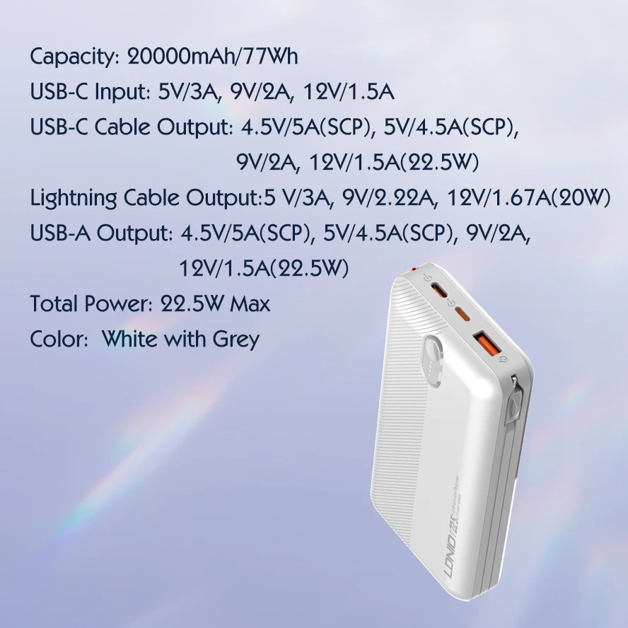Power bank LDNIO PQ24 20000mAh 22.5W me 1x USB-A + kabllo të integruara USB-C/Lightning (1C1L), bardhë