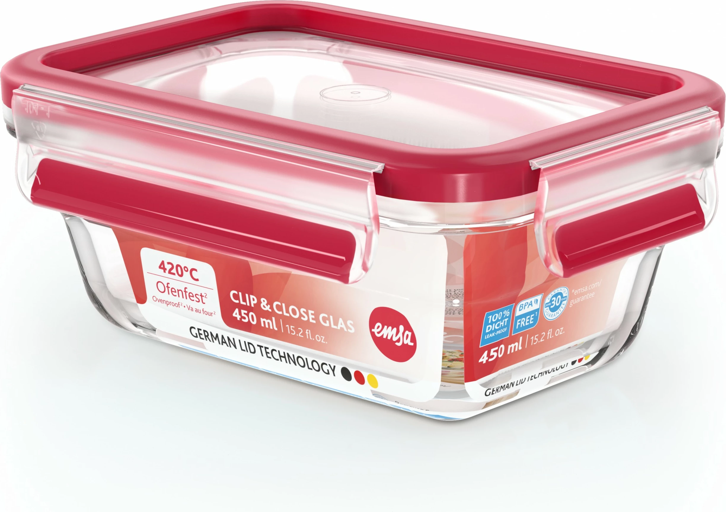 Enë qelqi Emsa Clip & Close N10405 0.45L, kapak i kuq