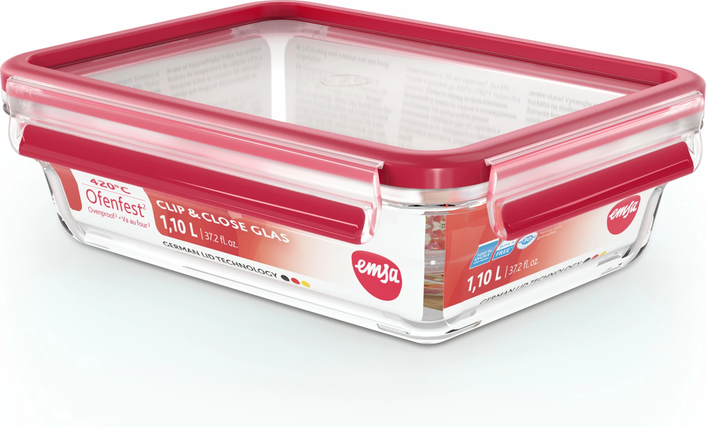 Enë ushqimi Emsa Clip & Close Glas N10409 1.1L, e kuqe