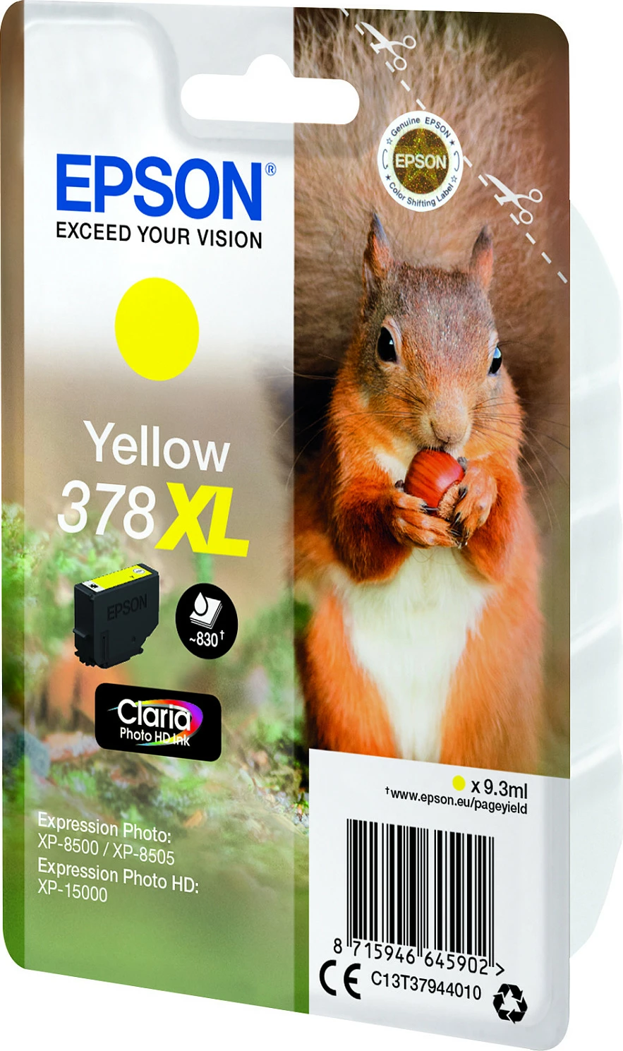 Toner Epson Squirrel Singlepack Yellow 378XL Claria Photo HD, High (XL) Yield, 9.3 ml, Verdhë