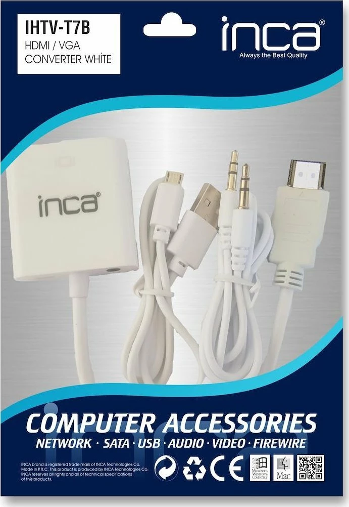 Adapter Inca IHTVJ-7TB HDMI në VGA (D-Sub), 1080P, me audio USB, i bardhë