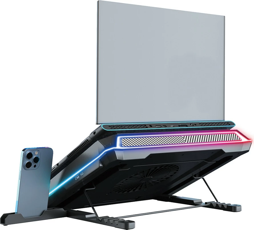 Cooling pad për laptop Conceptronic, USB-C, ventilator 130mm, mbajtës telefoni, me RGB