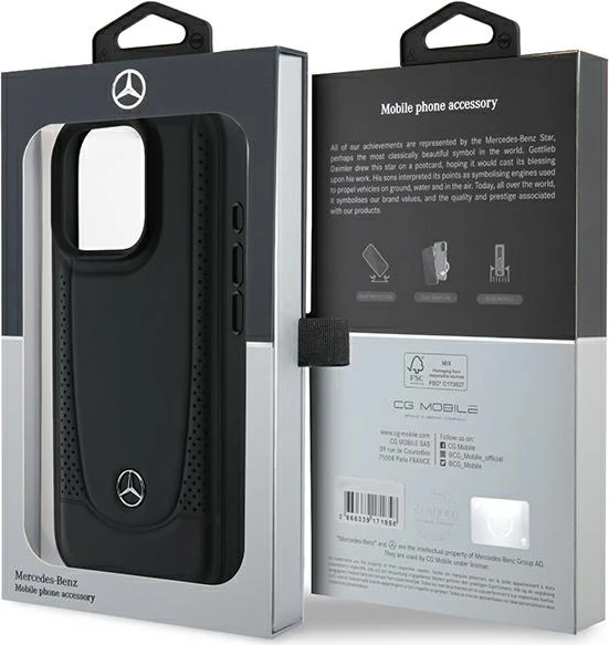 Mbështjellës Mercedes për iPhone 16 Pro Max, lëkurë, i zi