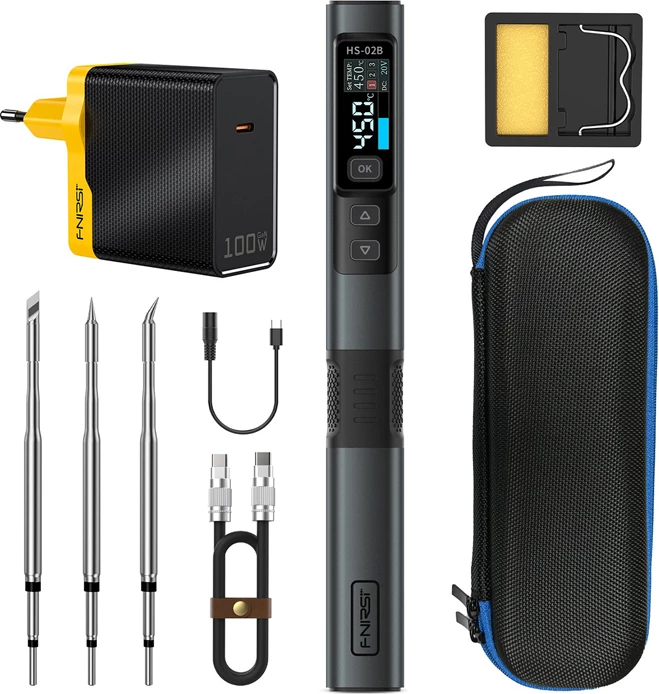 Hekur saldimi FNIRSI HS-02B F 100W smart, ekran IPS 0.96\", set me aksesorë, i zi