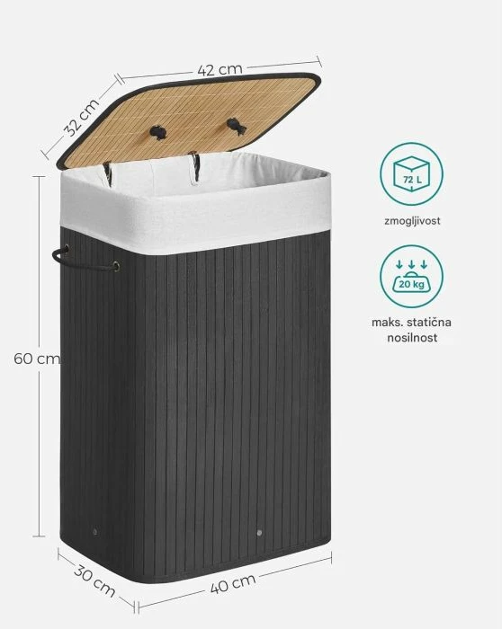 Shportë rrobash SONGMICS LCB10B, bambu e palosshme me kapak, 72 L, e zezë