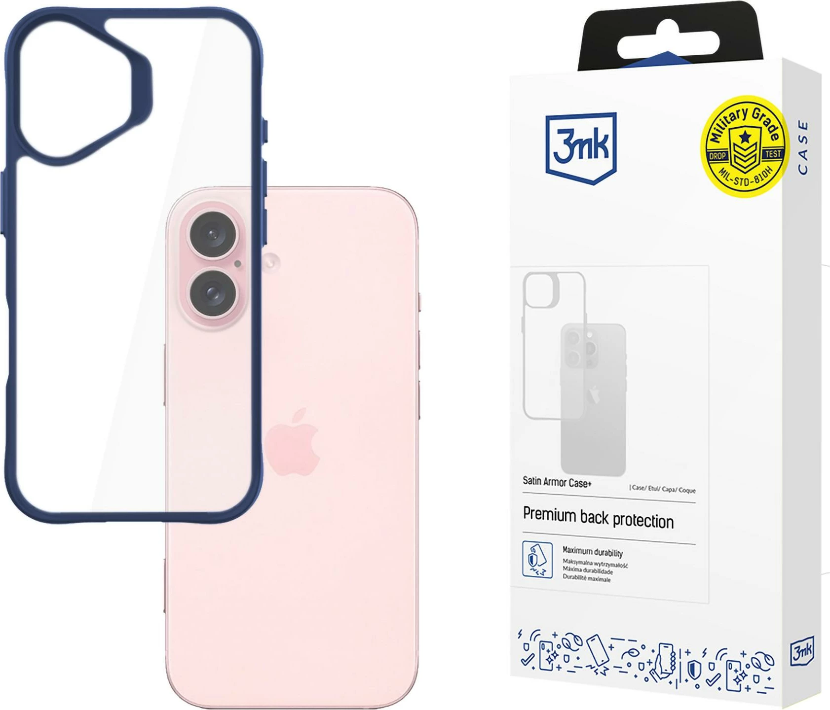 Mbështjellës 3mk Satin Armor Case+ për iPhone 16, Transparent me kornizë kaltër