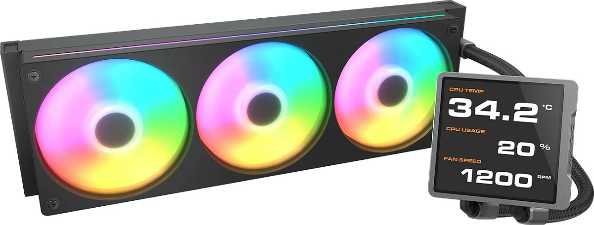 Ftohës uji CPU Cougar Poseidon Vistek Pro 360, ARGB, LCD 3.95", 3x120mm, i zi