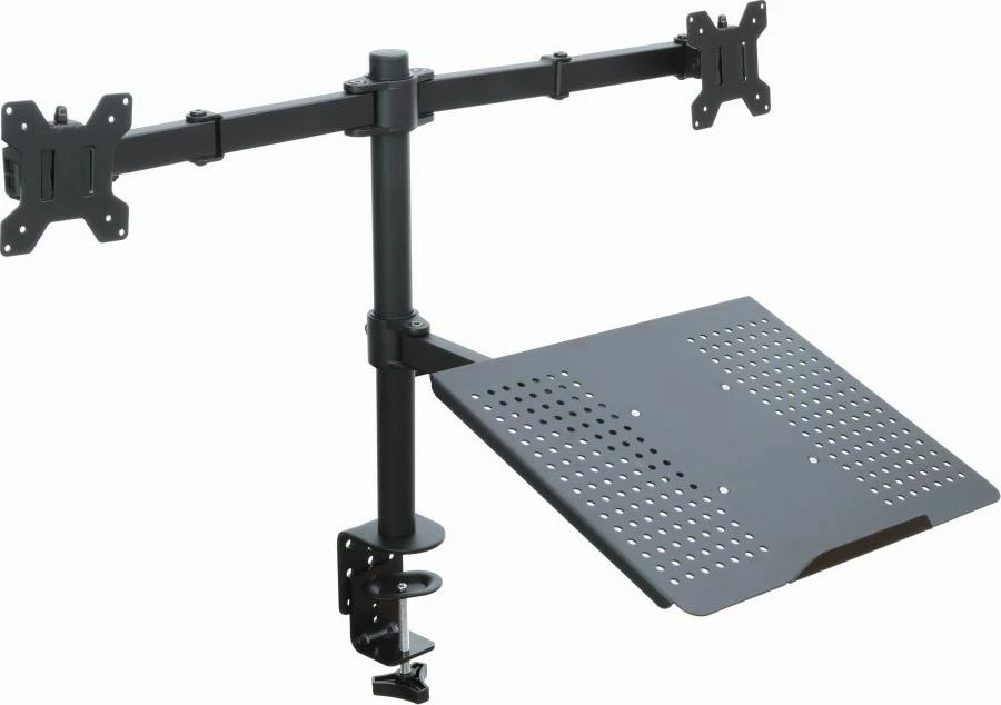 Mbajtës tavoline për 2 monitorë Art RAMM L-25 13–27\", VESA 100x100, max 10 kg, me raf për laptop, i zi
