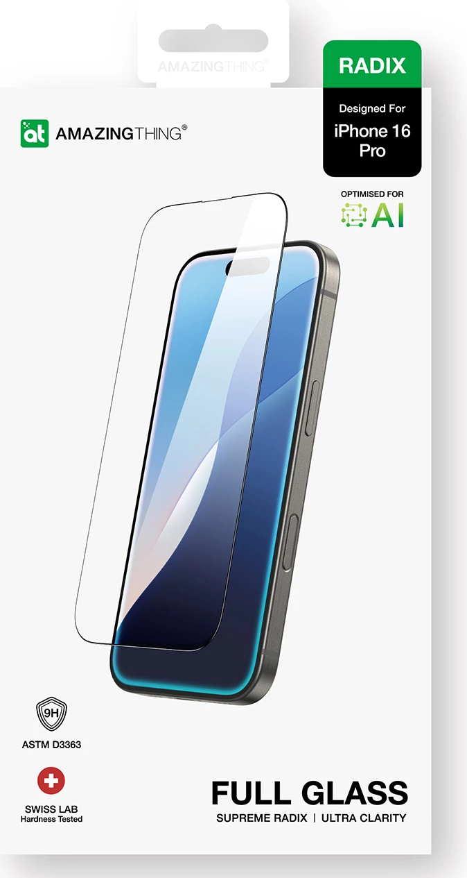 Xham i temperuar AmazingThing Radix Full Glass për iPhone 16 Pro, transparent