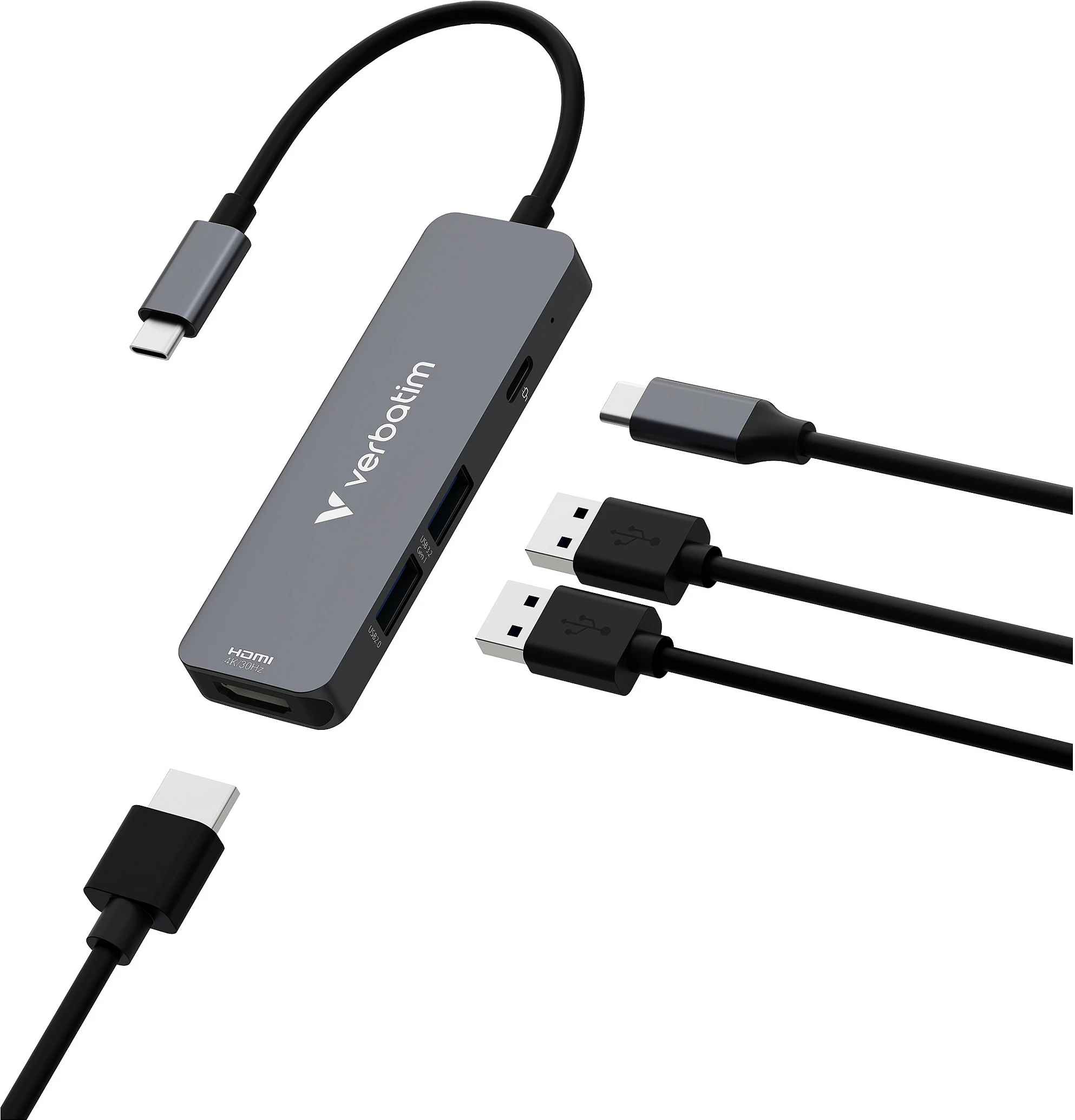 USB-C HUB Verbatim Essentials 4-port, HDMI 4K, 2x USB-A 3.2 Gen 1, USB-C PD, gri