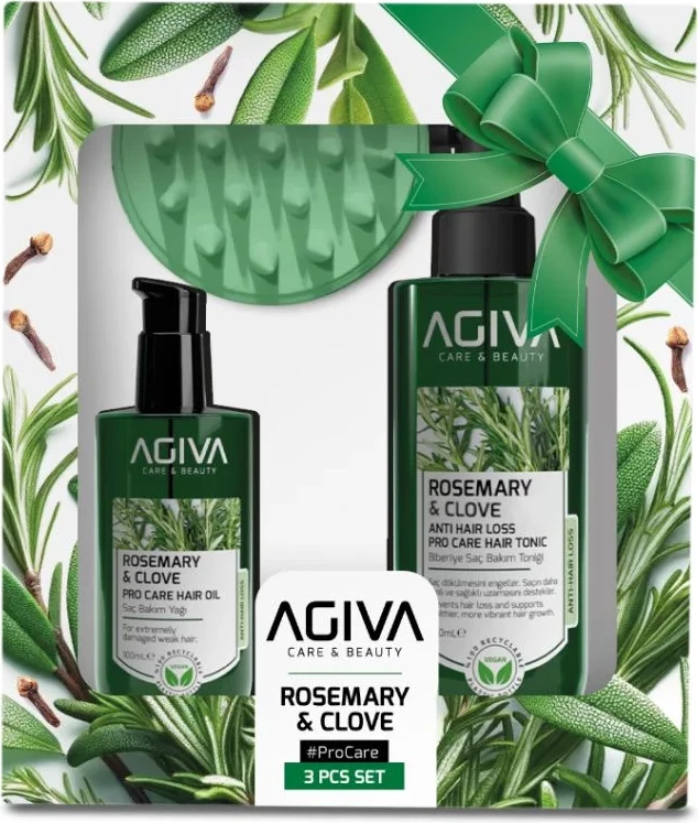 Set 3 pjesësh Pro Care Agiva (Rossmary&Clove Water 200 ml- Vaj Rozmarinel 100 ml+ Krehër)