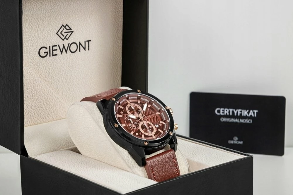 Orë dore Giewont GW8810-A3 Chronograph kuarc qelq safiri 45 mm rrip lëkure, kafe/zezë