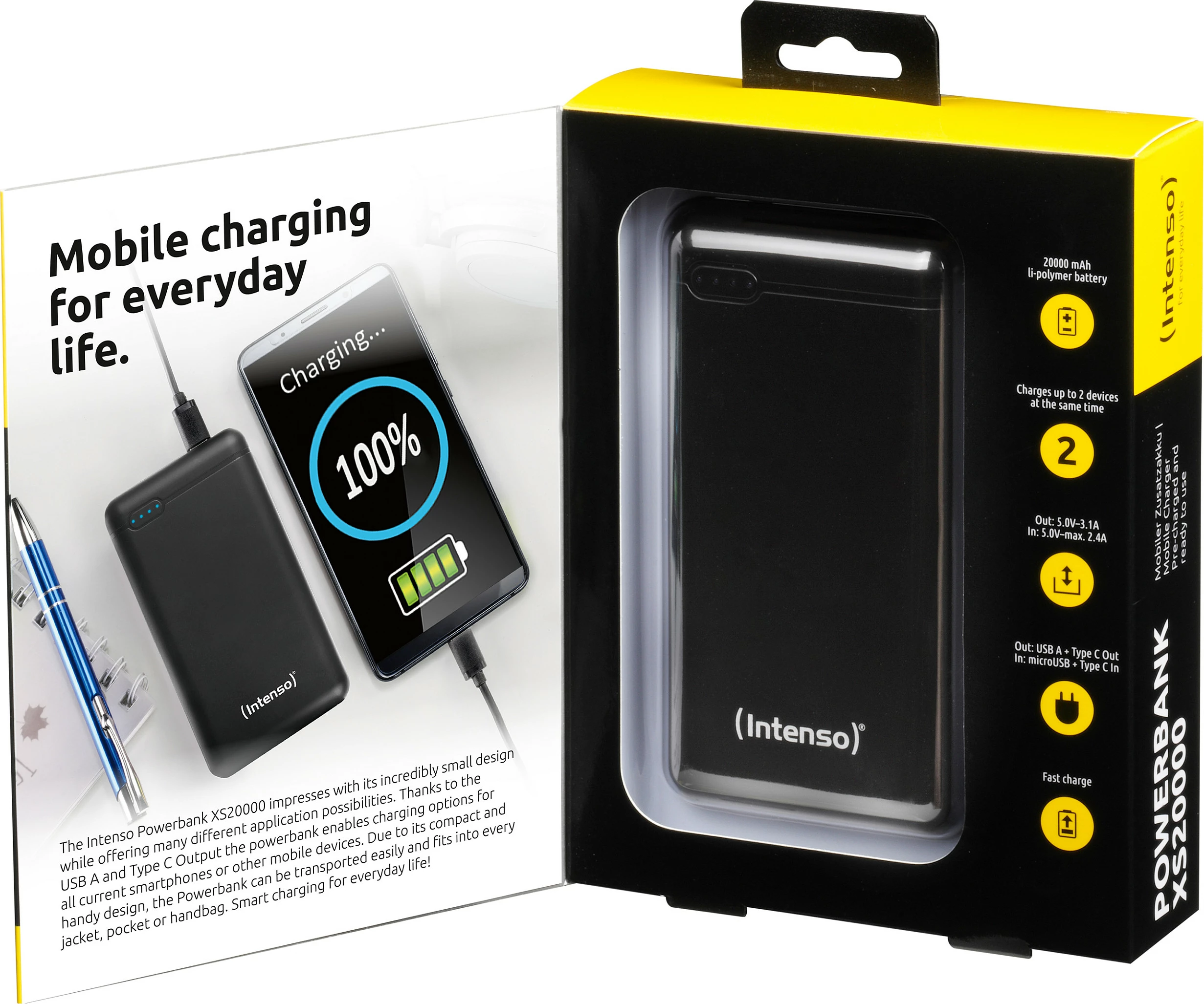 Powerbank Intenso XS20000, 20000 mAh, USB-A/USB-C, e zezë